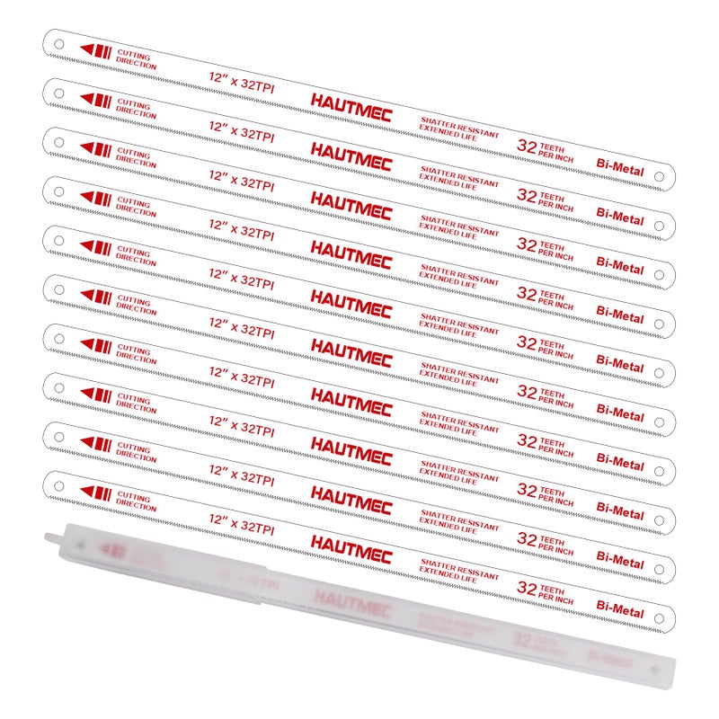 HAUTMEC 12" Hacksaw Blades 32 TPI â€“ 10 Pack Bi-Metal Replacement Blades with High-Speed Steel Teeth and Spring Steel Body, Professional Grade, Fits Most Hacksaw Frames - Image 1